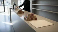Прилавок магазина табачной продукции с документами, подчеркивающий новое лицензирование. На заднем плане виден размытый