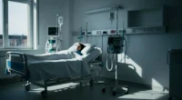 Силуэт человека в больничной палате с медицинским оборудованием на заднем плане