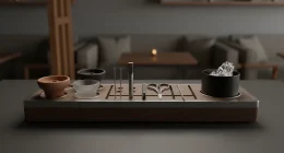 Крупный план рабочего места кальянщика с доской для забивки, инструментами и чашами