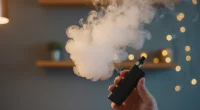 Крупный план пара от электронной сигареты в помещении, мягкий свет.