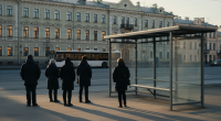 Остановка общественного транспорта в российском городе, без рекламы табака и вейпов, люди ждут автобус