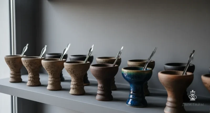 Различные типы кальянных чаш на рабочем столе мастера.