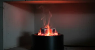 Крупный план раскаленного кальянного угля на электрической плитке, окруженного легкой дымкой, символизирующей угарный га