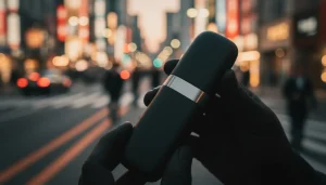 Современное устройство для нагреваемого табака IQOS на фоне вечернего Токио, демонстрирующее лидерство бренда.