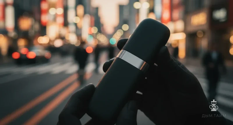 Современное устройство для нагреваемого табака IQOS на фоне вечернего Токио, демонстрирующее лидерство бренда.