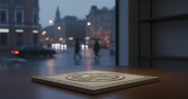 Стилизованный документ о лицензии на фоне вечерней улицы Брянска, символизирующий новые правила для табачного рынка.