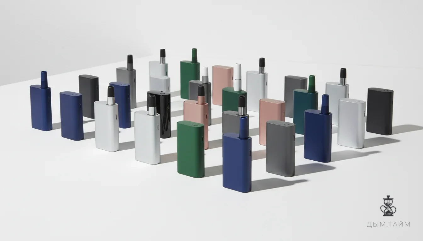 Множество устройств IQOS, аккуратно разложенных на поверхности, символизирующих доминирование на рынке.